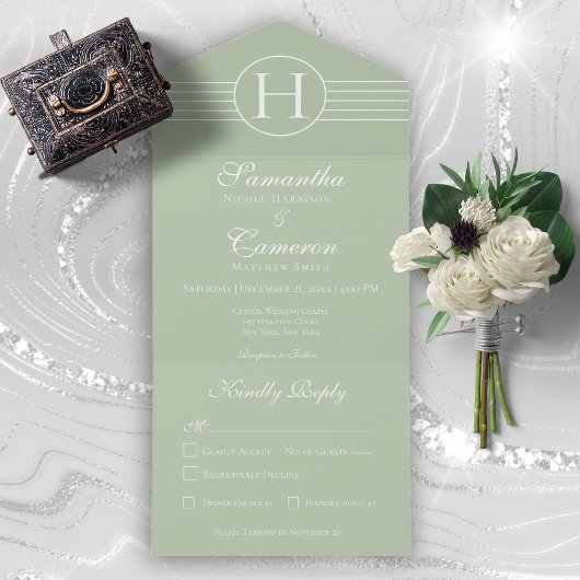 Deco Modern Monogram Sage Green Dinner All In One Uitnodiging