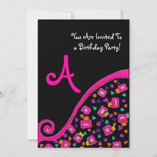 DECO MONOGRAM BIRTHDAY PARTY, fuchsia black gold Kaart (Voorkant)