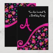 DECO MONOGRAM BIRTHDAY PARTY, fuchsia black gold Kaart (Voorkant / Achterkant)