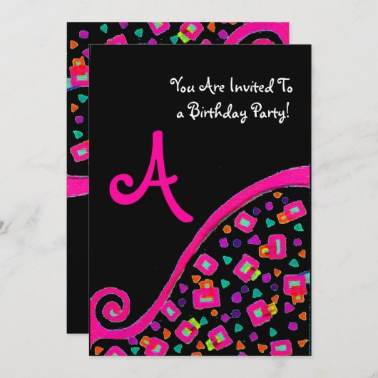 DECO MONOGRAM BIRTHDAY PARTY, fuchsia black gold Kaart (Voorkant / Achterkant)