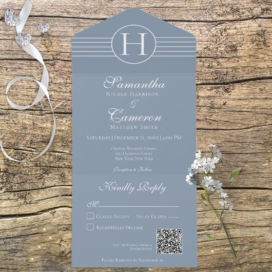 Deco Monogram Modern Dusty Blue QR Code All In One Uitnodiging