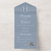 Deco Monogram Modern Dusty Blue QR Code All In One Uitnodiging (Binnen)