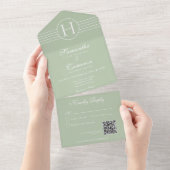 Deco Monogram Modern Sage Green QR Code All In One Uitnodiging (Afscheurbaar)