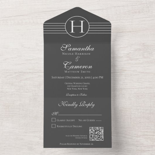 Deco Monogram Moderne Koolsteenkolen QR-code All In One Uitnodiging (Binnen)