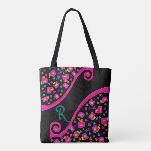 DECO Monogram roze Blauw Groen vierkant zwart Tote Bag (Achterkant)