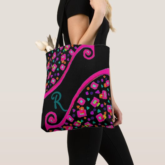 DECO Monogram roze Blauw Groen vierkant zwart Tote Bag (Dichtbij)