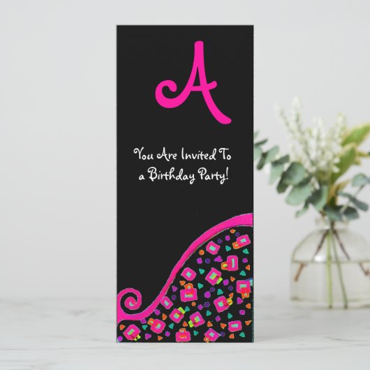 DECO MONOGRAM VERJAARDAGSFEEST, fuchsia zwart zilv Kaart (Staand voorkant)