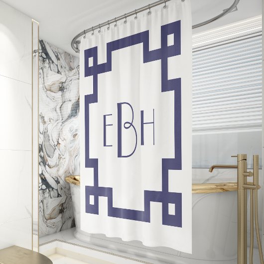 Deco Monogram Wit Navyblauw Griekse Sleutelrand Douchegordijn
