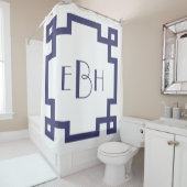 Deco Monogram witte marineblauwe Griekse hoofdgren Douchegordijn (In situ)