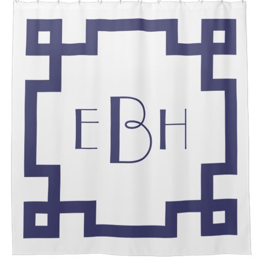 Deco Monogram witte marineblauwe Griekse hoofdgren Douchegordijn (Voorkant)