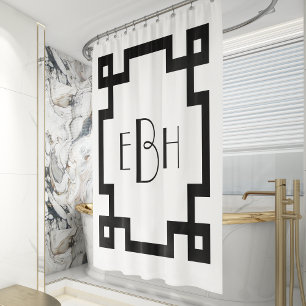 Deco Monogram witte zwarte Griekse hoofdgrens Douchegordijn