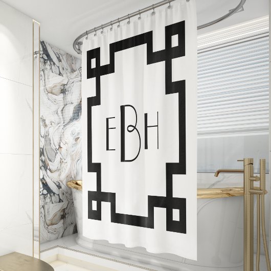 Deco Monogram witte zwarte Griekse hoofdgrens Douchegordijn