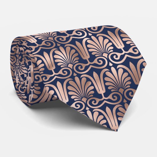  Deco Pattern Roos Goud Navy Blauw Stropdas (Opgerold)