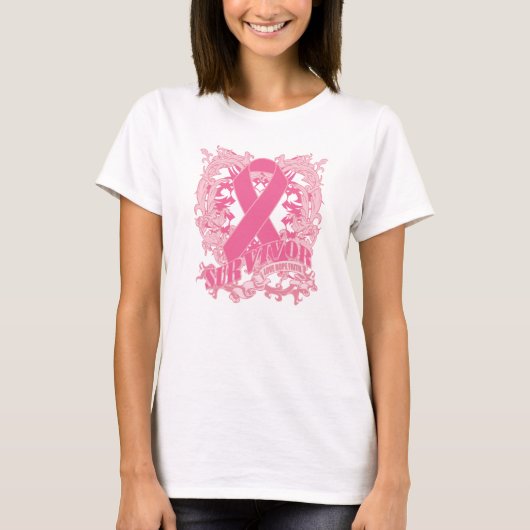 Deco roze lint - borstkanker overleving t-shirt (Voorkant)