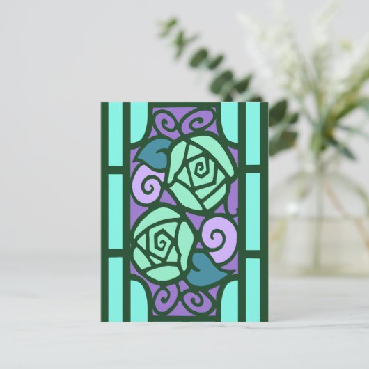 Deco-Rozen in Aqua en Paars Briefkaart (Staand voorkant)