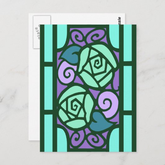 Deco-Rozen in Aqua en Paars Briefkaart (Voorkant / Achterkant)