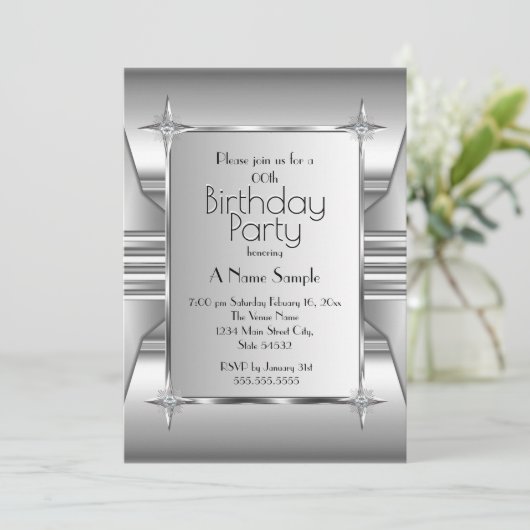 Deco Silver Chrome Metal afbeelding Birthday Party Kaart (Staand voorkant)