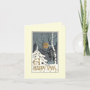 Deco Snowy Scene Moon Birch Tree Wenskaart Feestdagen Kaart