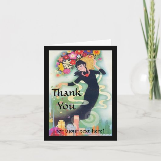 Deco Vrouw met Swirls & Bloemen Dank u Custom Bedankkaart (Voorkant)