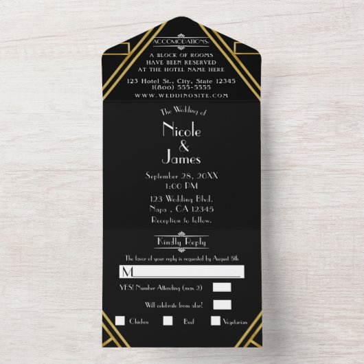  deco Wedding 20 van Black & Gold Retro All In One Uitnodiging (Binnen)