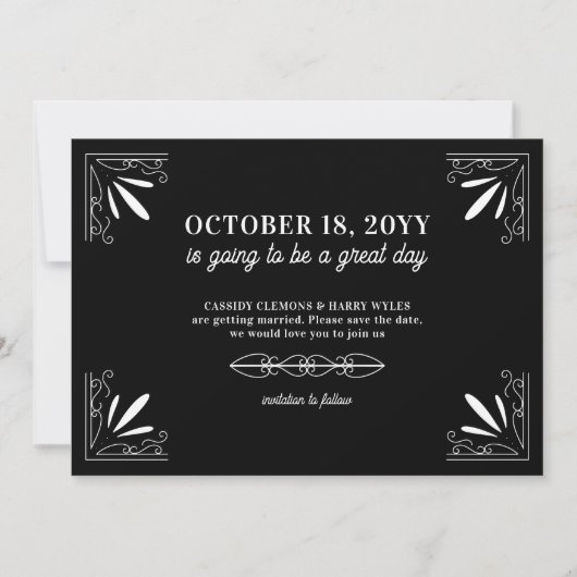  Deco Zwart-wit Typografie Bruiloft Save The Date (Voorkant)