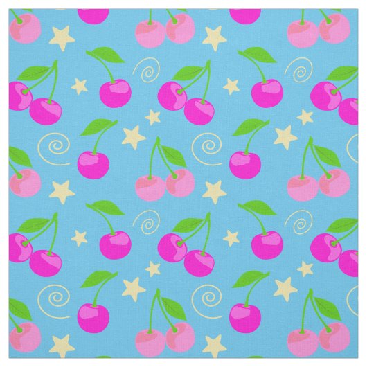 Decora Kei Cute Cherry Pattern on Blue Stof (Swatch)