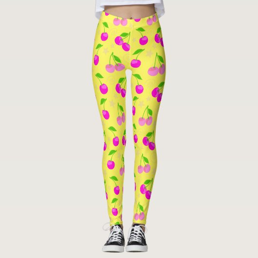 Decora Kei Rainbow Cherry Pattern Yellow Leggings (Voorkant)