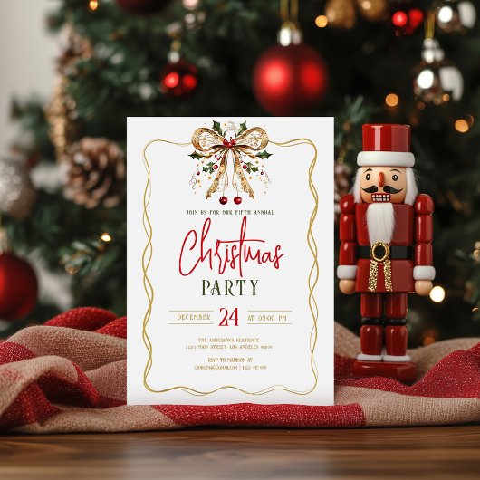 Decorated Christmas Bow Gold Fram Party Invite Kaart