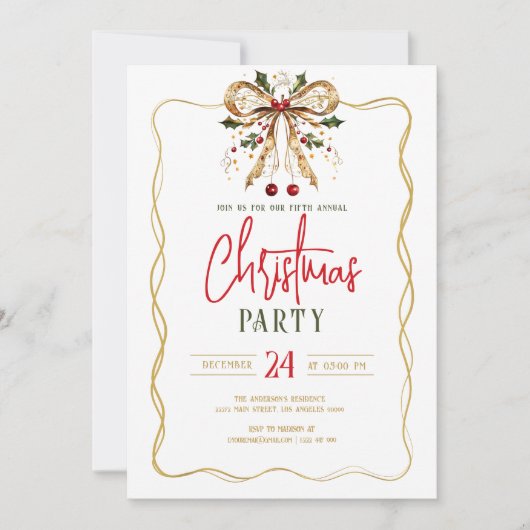 Decorated Christmas Bow Gold Fram Party Invite Kaart (Voorkant)