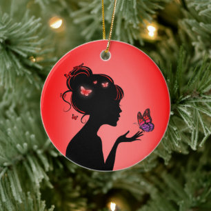 Decoratie in keramiek De vrouw rode vlinders