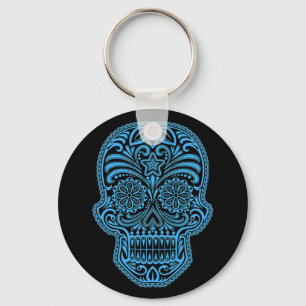 Decoratief blauw en zwarte suikerschedel sleutelhanger