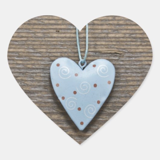 Decoratief blauw hangend hart rustiek hout sticker (Voorkant)