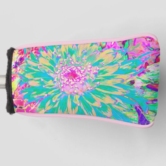 Decoratief Blauwgroen groen en warmroze Dahlia ven Golfheadcover (Voorkant)