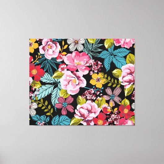 Decoratief bloemmotief rood roze geel blauw canvas afdruk (Voorkant)