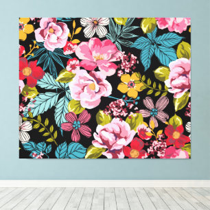 Decoratief bloemmotief rood roze geel blauw canvas afdruk