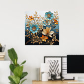 Decoratief bloempatroon met porselein-look poster (Thuiskantoor)