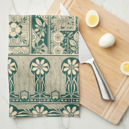 Decoratief botanisch art nouveau patroon theedoek (Quarter Fold)