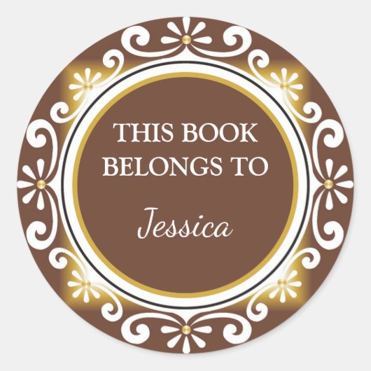 Decoratief bruin uit de bibliotheek van boekenplat ronde sticker (Voorkant)