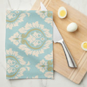 Decoratief Damaspatroon - Cream & Gold op blauw Theedoek (Quarter Fold)