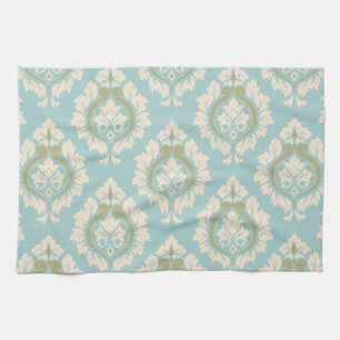 Decoratief Damaspatroon - Cream & Gold op blauw Theedoek