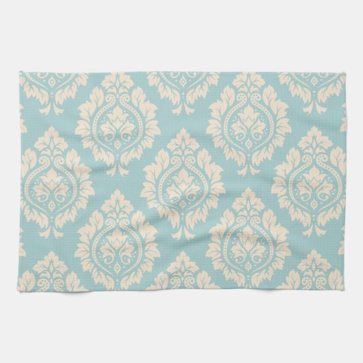 Decoratief Damaspatroon - Crème op blauw Theedoek (Horizontaal)