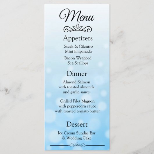Decoratief Elegant Blauw Bokeh Bruiloft Menu Kaart (Voorkant)