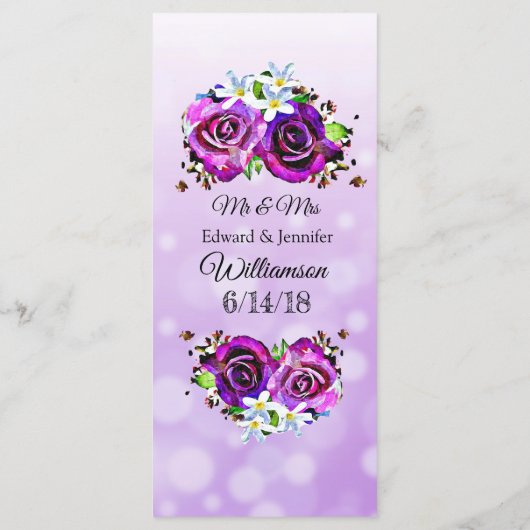 Decoratief Elegant Paarse Rozen Bruiloft Menu Kaar (Achterkant)