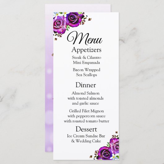 Decoratief Elegant Paarse Rozen Bruiloft Menu Kaar (Voorkant / Achterkant)