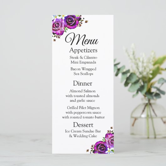 Decoratief Elegant Paarse Rozen Bruiloft Menu Kaar (Staand voorkant)
