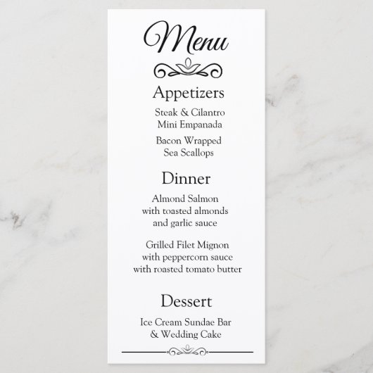 Decoratief Elegant Zwart Wit Bruiloft Menu Kaart (Voorkant)