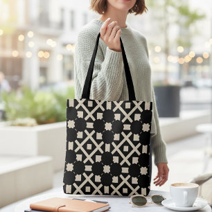 Decoratief elegant zwart-wit en beige geometrisch  tote bag