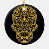 Decoratief gele en zwarte suikerschedel keramisch ornament (Achterkant)