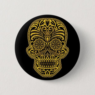 Decoratief gele en zwarte suikerschedel ronde button 5,7 cm