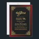 Decoratief Gold Border Surprise 18th Birthday Kaart<br><div class="desc">Zwarte verrassing 18e uitnodiging voor een etentje met een  gouden lijst met een rode ombre buitenrand om het ontwerp af te ronden en zo een levendige uitnodiging te creëren voor uw speciale gelegenheid.</div>